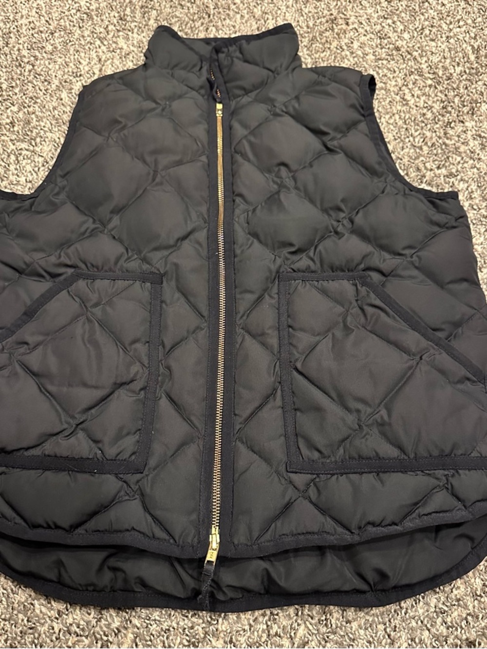 J Crew Down Quilted Puffer Vest Black Gold Zipper Stand Collar Women's Medium